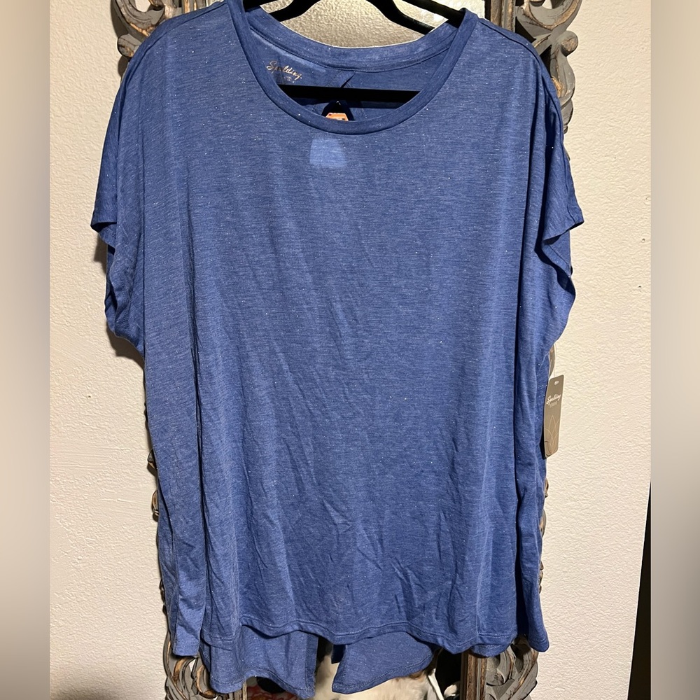 NWT Spalding Studio Open Back Glitter T-Shirt Plus Size 2X Blue Short Sleeve
